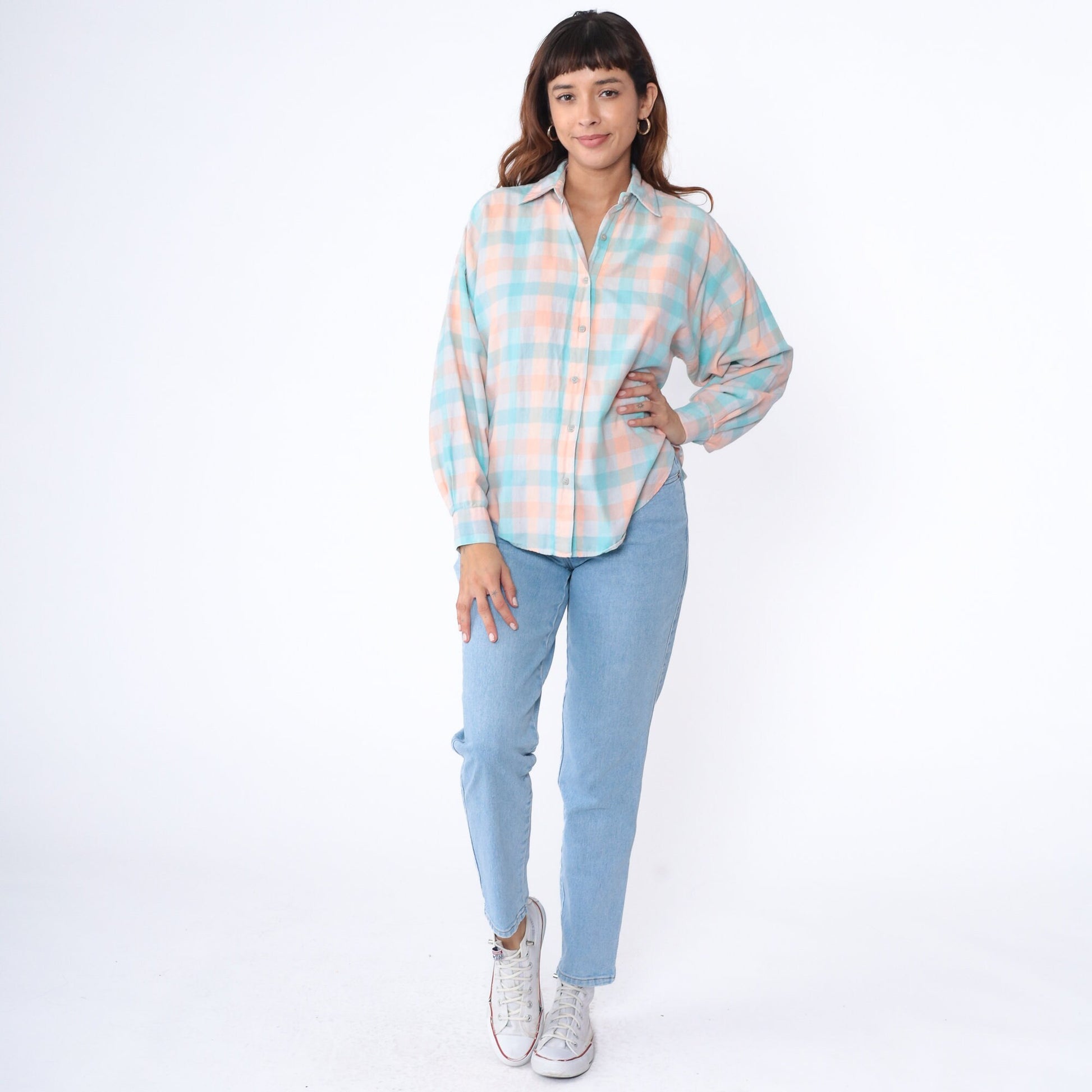 90s Buffalo Check Button Up Blouse Peach Aqua White Cotton Medium