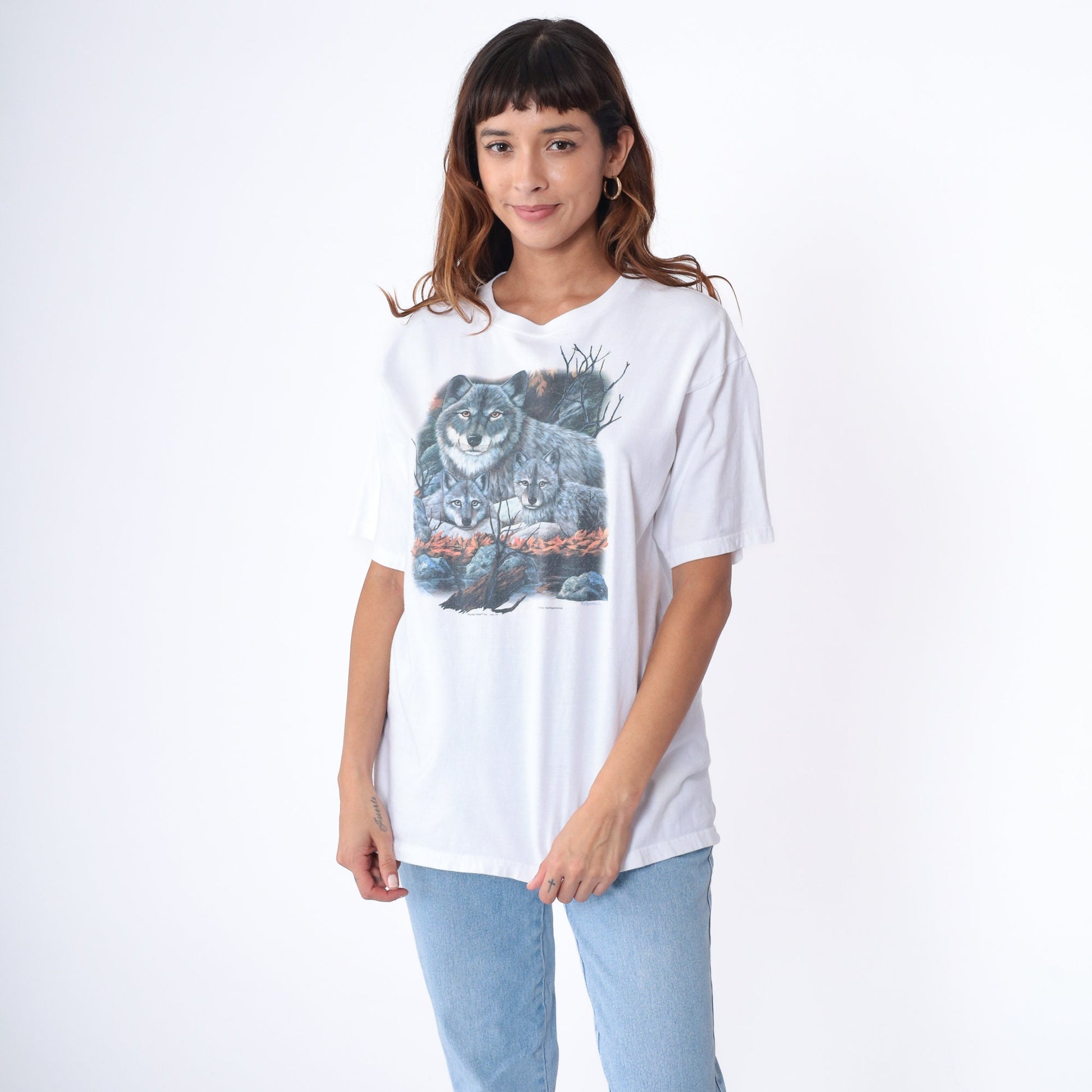 Y2K Wolf Pup Graphic T-Shirt White Cotton Wildlife Tee Large L