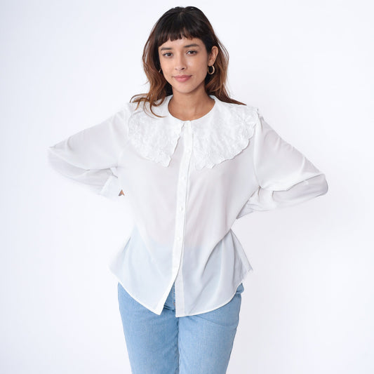 80s White Floral Embroidered Puritan Collar Blouse Button Up Long Sleeve Medium