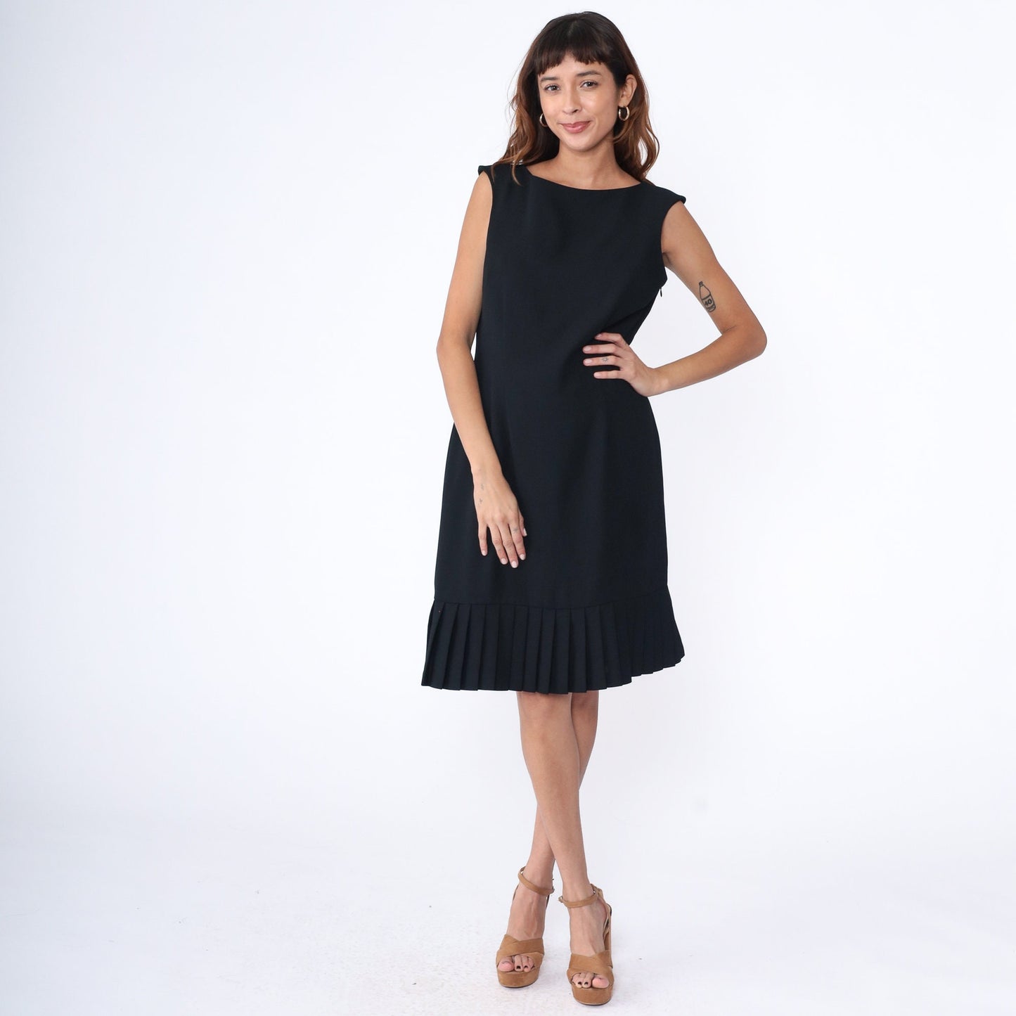 Y2K Black Sheath Dress Drop Waist Pleated Sleeveless Mini Large 12