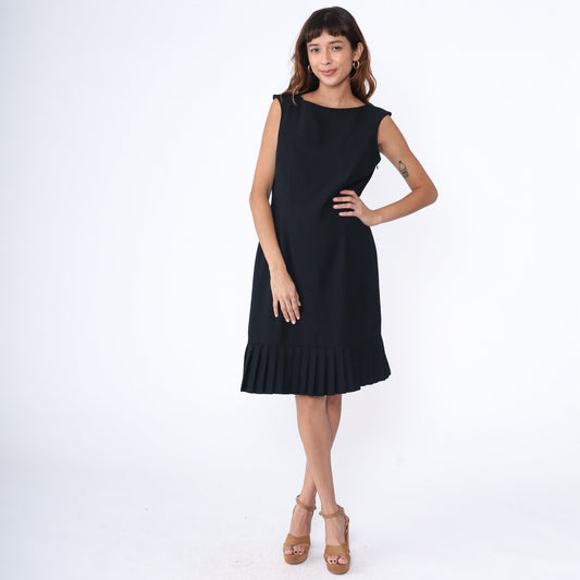 Y2K Black Sheath Dress Drop Waist Pleated Sleeveless Mini Large 12