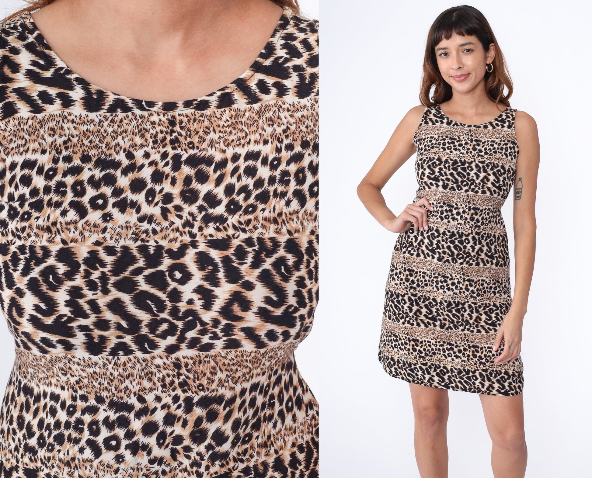 90s Leopard Print Mini Shift Dress Sleeveless Rayon Tank Small