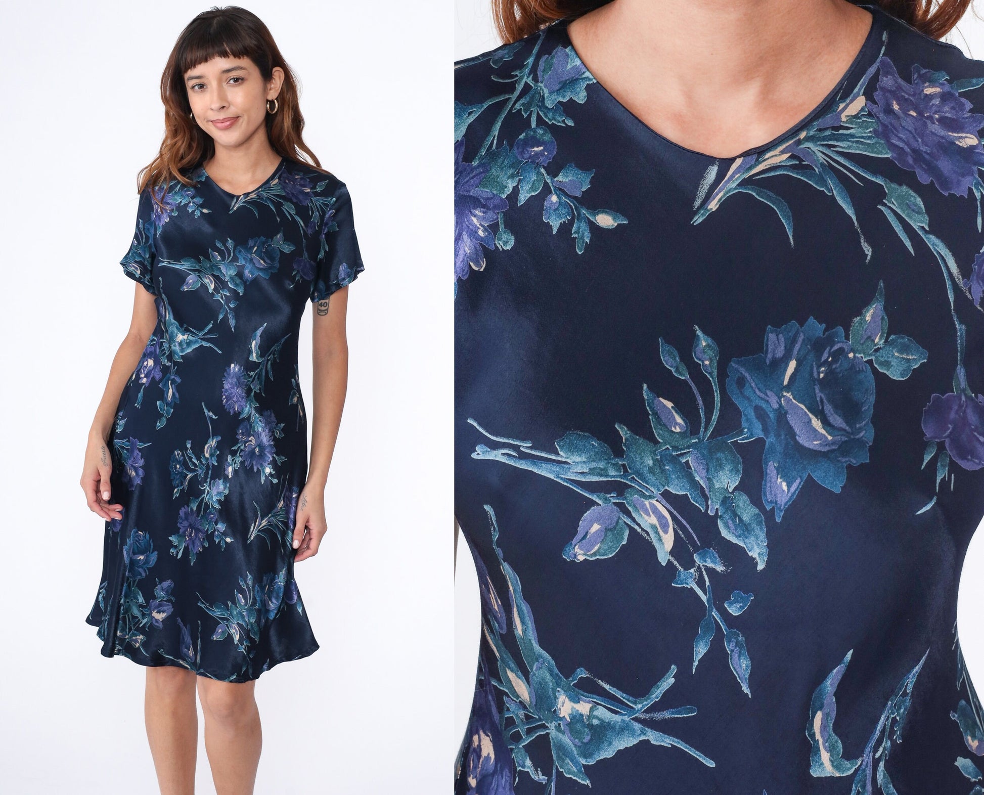 00s Laura Ashley Floral Sheath Dress Navy Knee-Length Sleeveless Medium 8
