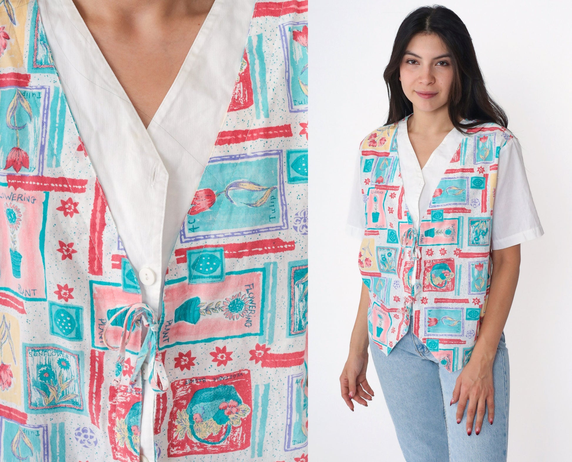 90s Floral Garden Print Button Up Blouse White Attached Vest Medium