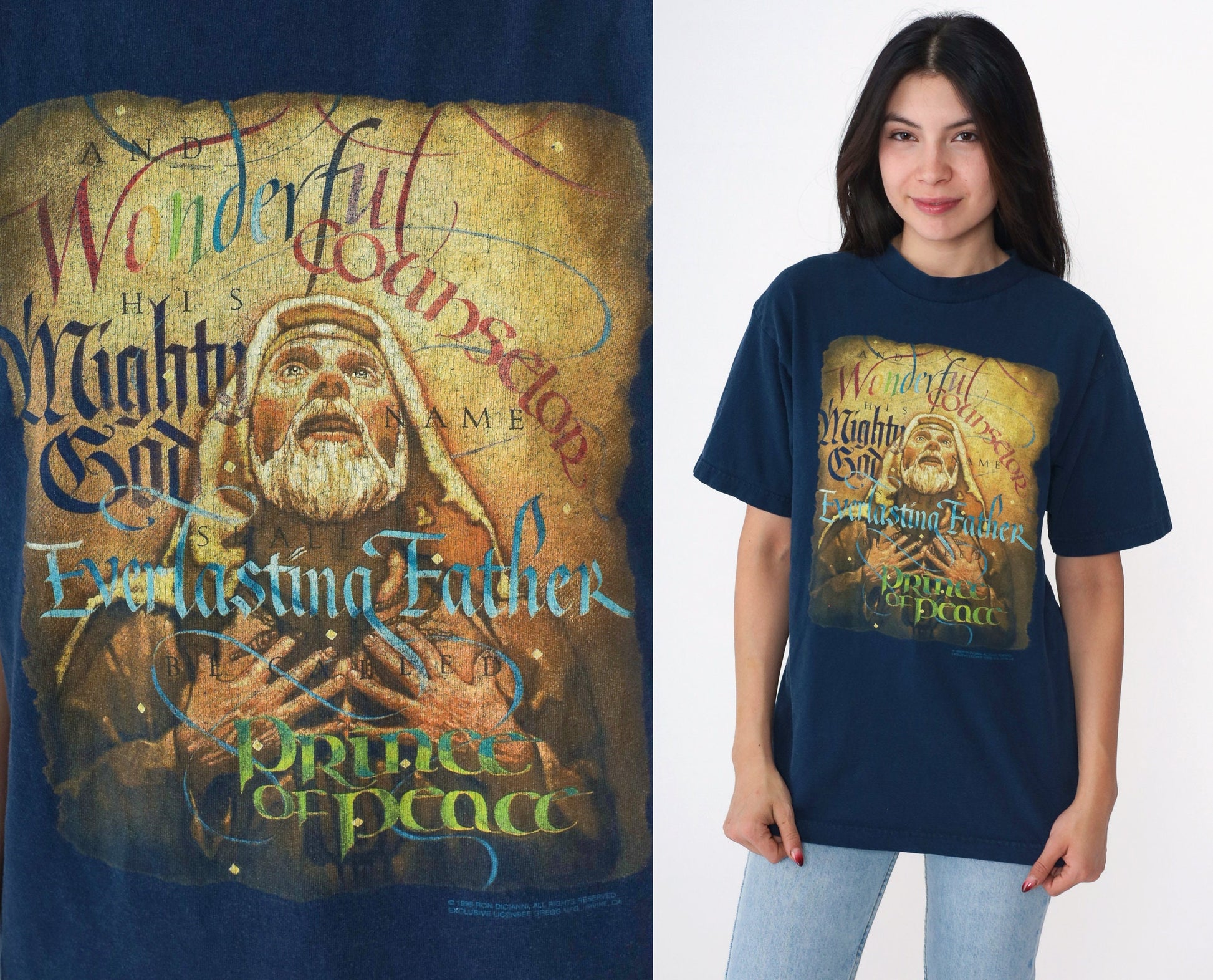 Y2K Jesus Christ Navy Graphic T-Shirt Wonderful Counselor Medium