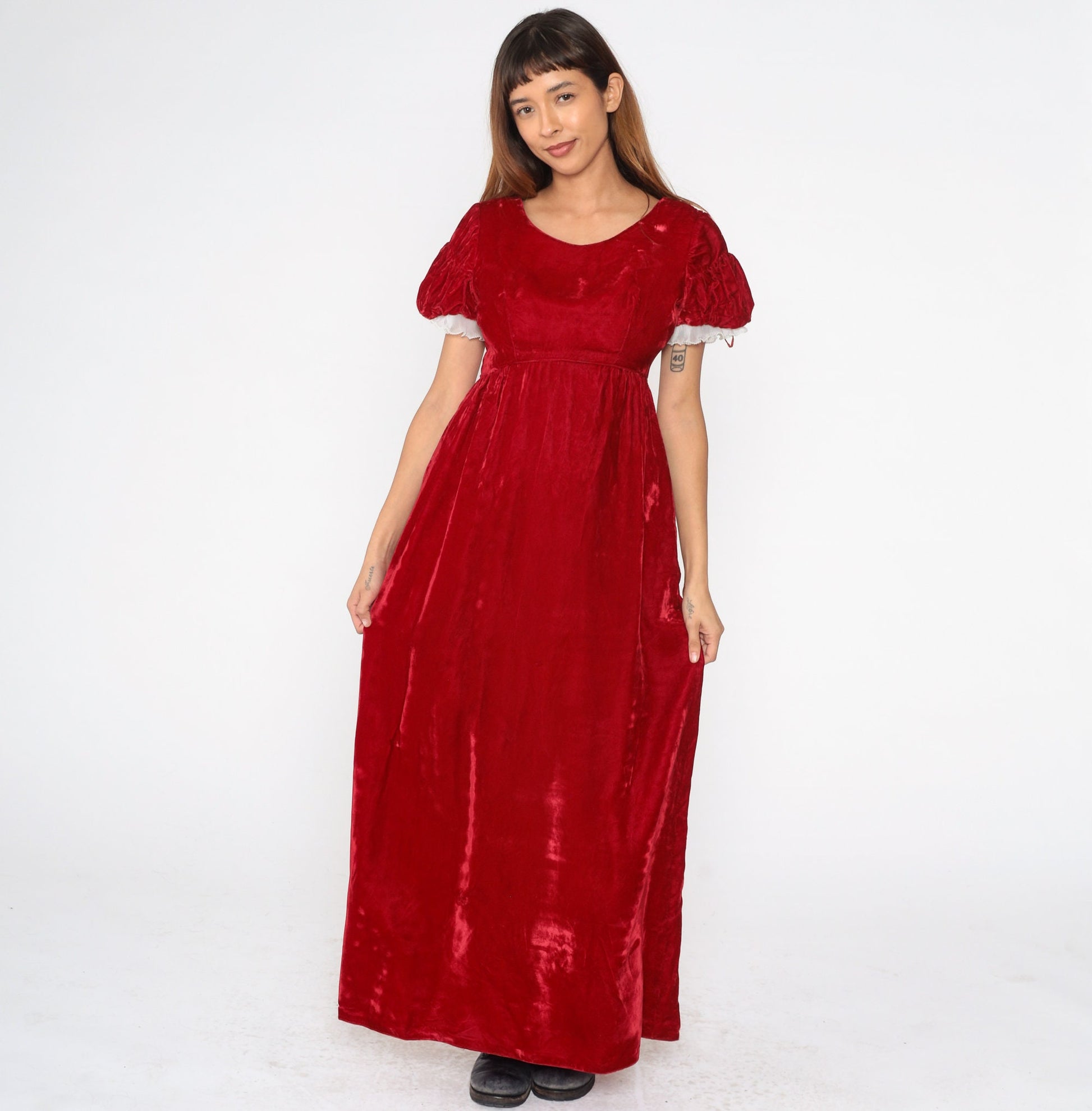 70s Emma Domb Red Velvet Maxi Dress Puff Sleeve Empire Waist Small S