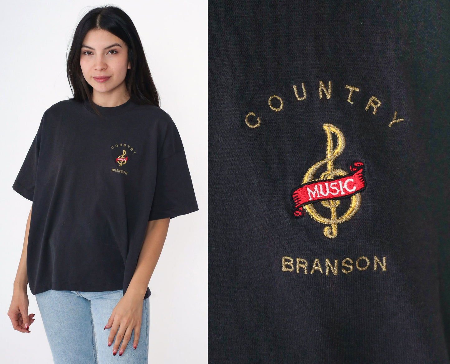 90s Branson Missouri Country Music Treble Clef Embroidered Tee Black Extra Large