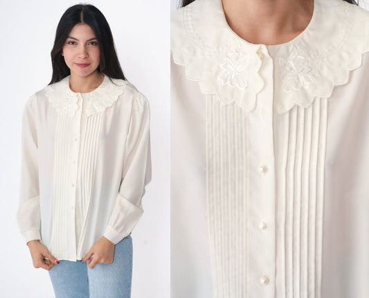 80s Peter Pan Collar Blouse Cream Button Up Floral Embroidery Puff Sleeve Medium Large