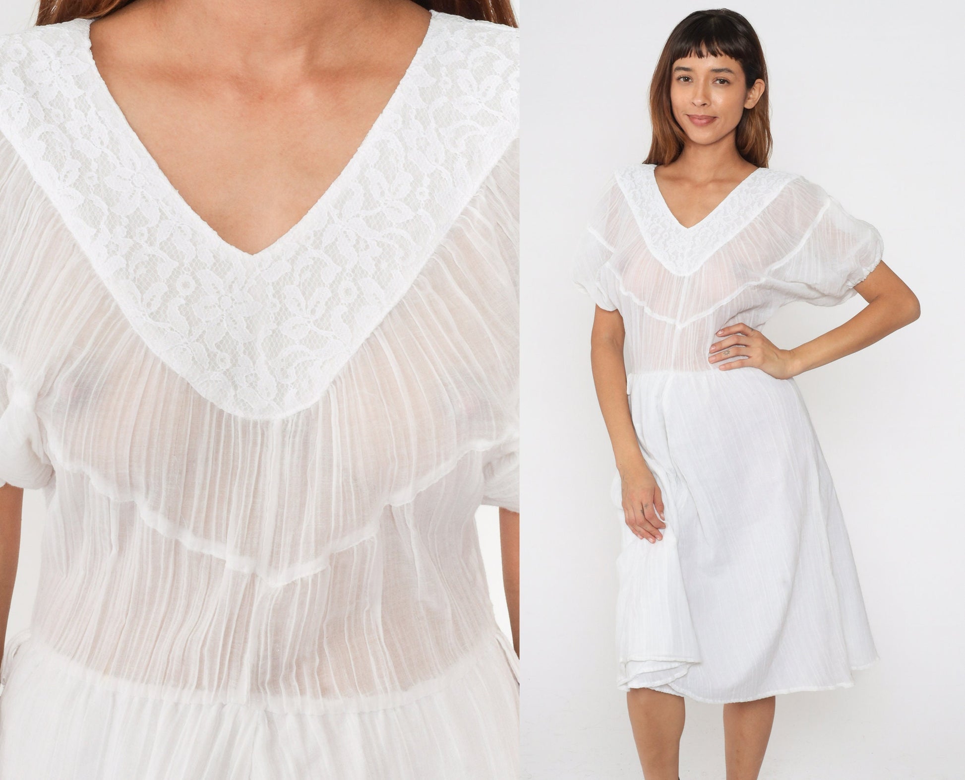 80s White Gauze Midi Dress Puff Sleeve V-Neck Lace Trim High Waist Extra Small