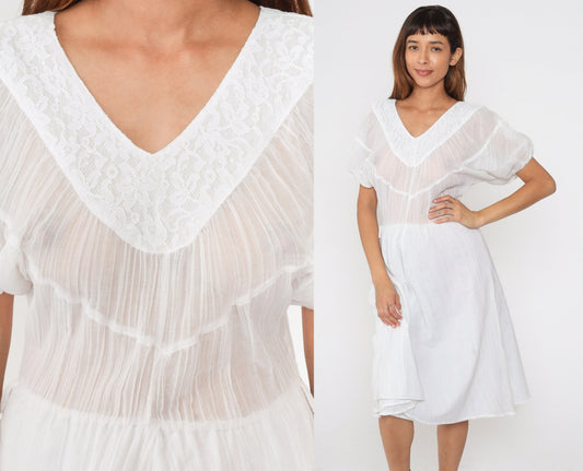 80s White Gauze Midi Dress Puff Sleeve V-Neck Lace Trim High Waist Extra Small