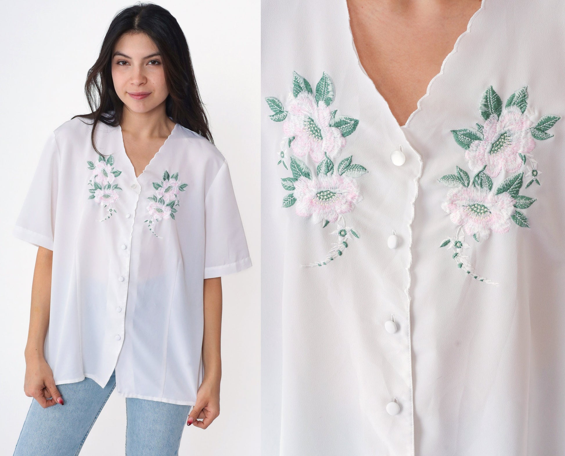 90s White Floral Embroidered Blouse Scalloped V-Neck Button-Up Short Sleeve Large L