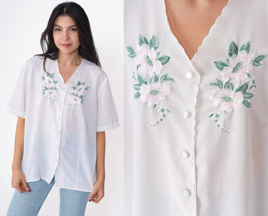 90s White Floral Embroidered Blouse Scalloped V-Neck Button-Up Short Sleeve Large L