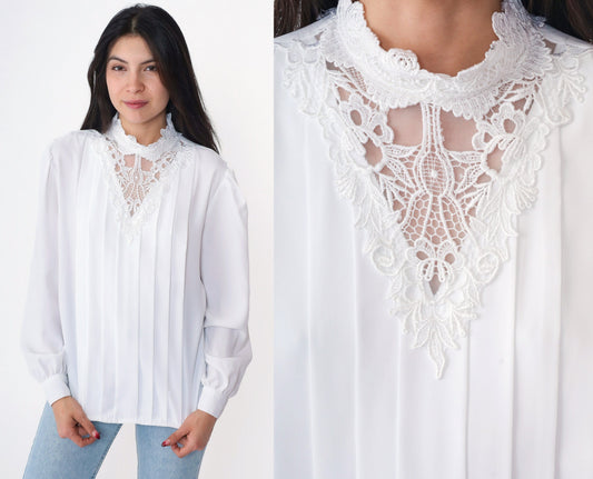 90s White Lace Collar Blouse Puff Sleeve Pleated Front Small