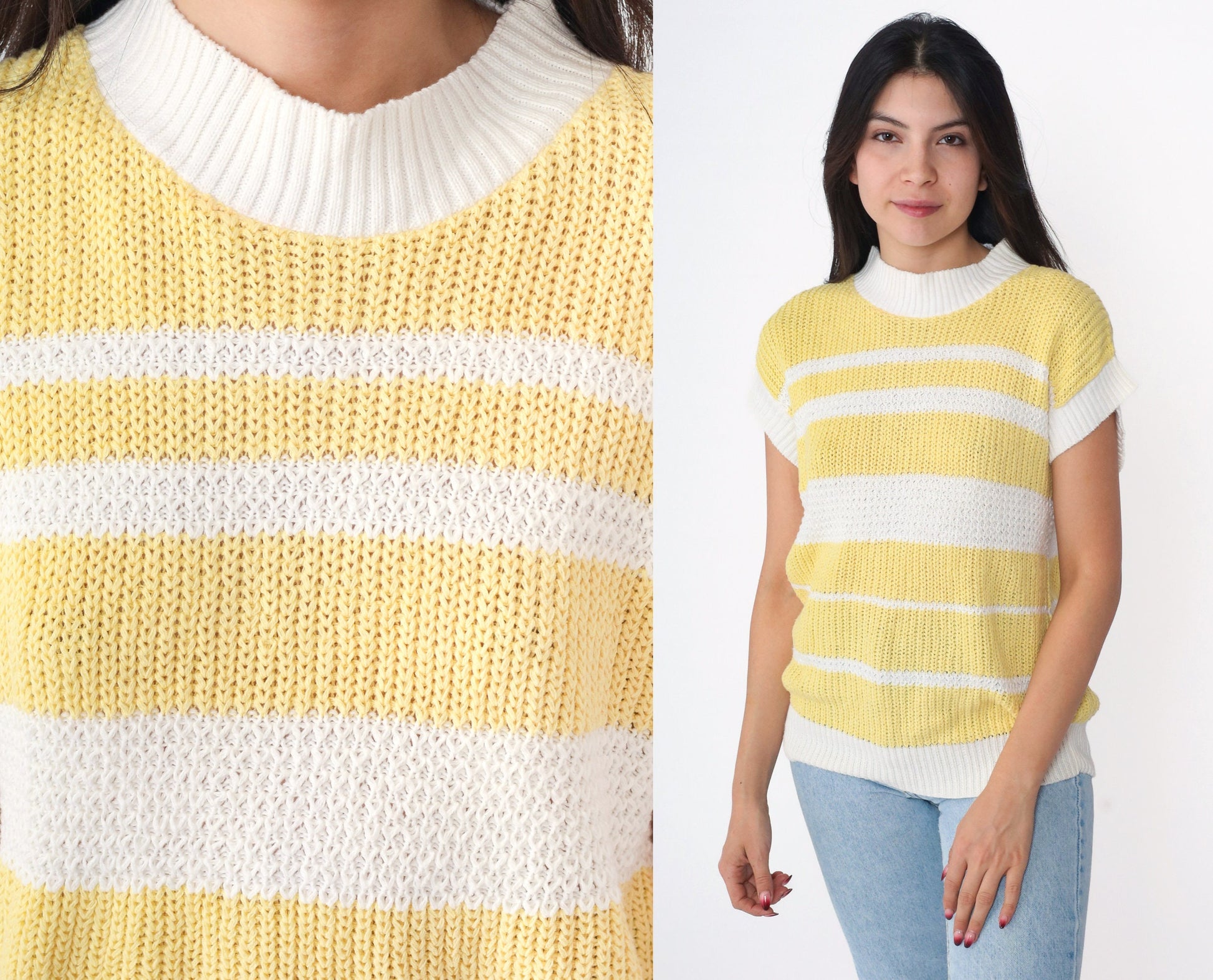 80s Yellow White Striped Knit Shirt Mock Neck Short Sleeve Small