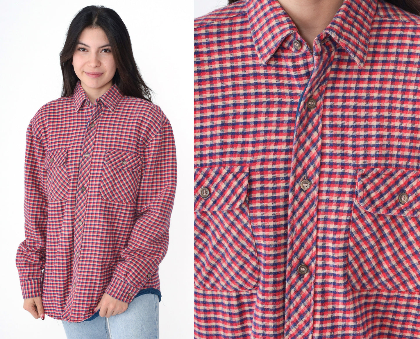 90s Red Plaid Quilted CPO Jacket Button-Up Blue Tan Checkered Large