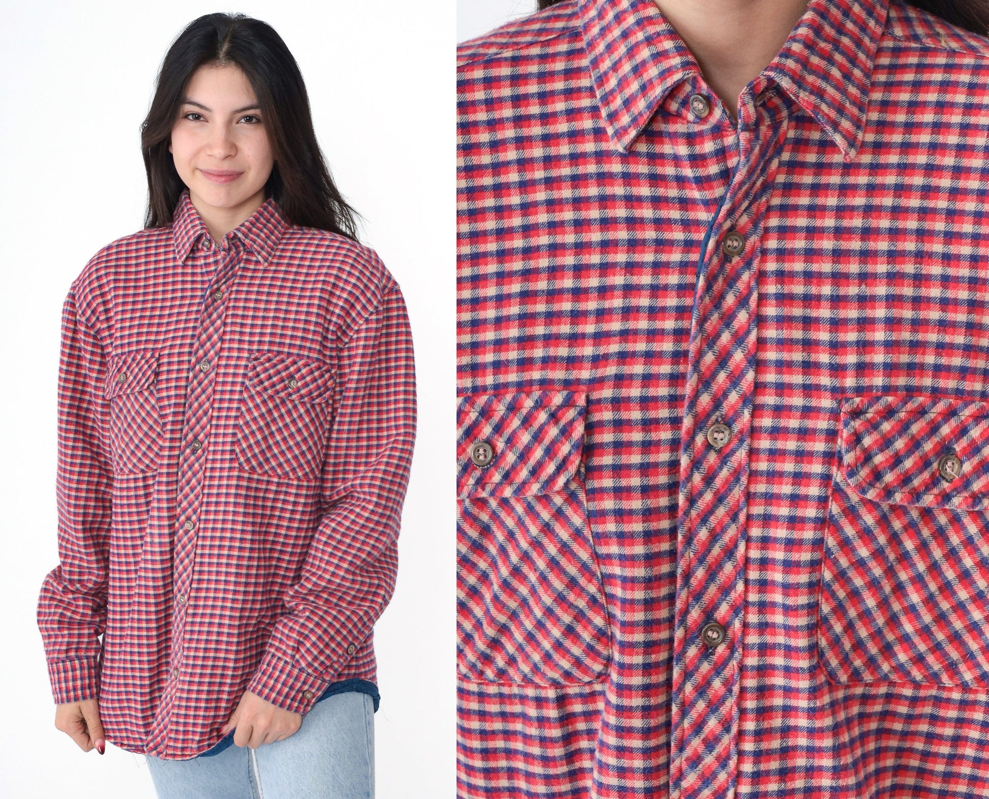 90s Red Plaid Quilted CPO Jacket Button-Up Blue Tan Checkered Large