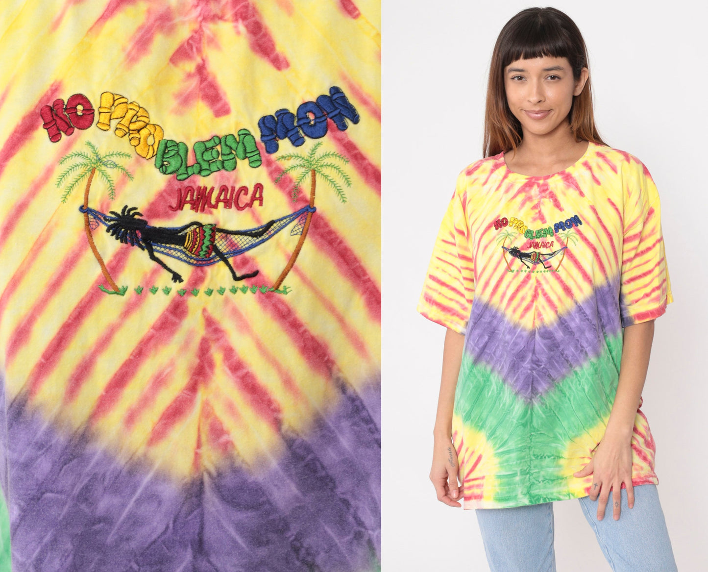 00s Jamaica Tie Dye Graphic T-Shirt No Problem Mon Palm Tree Yellow Red Purple XXL