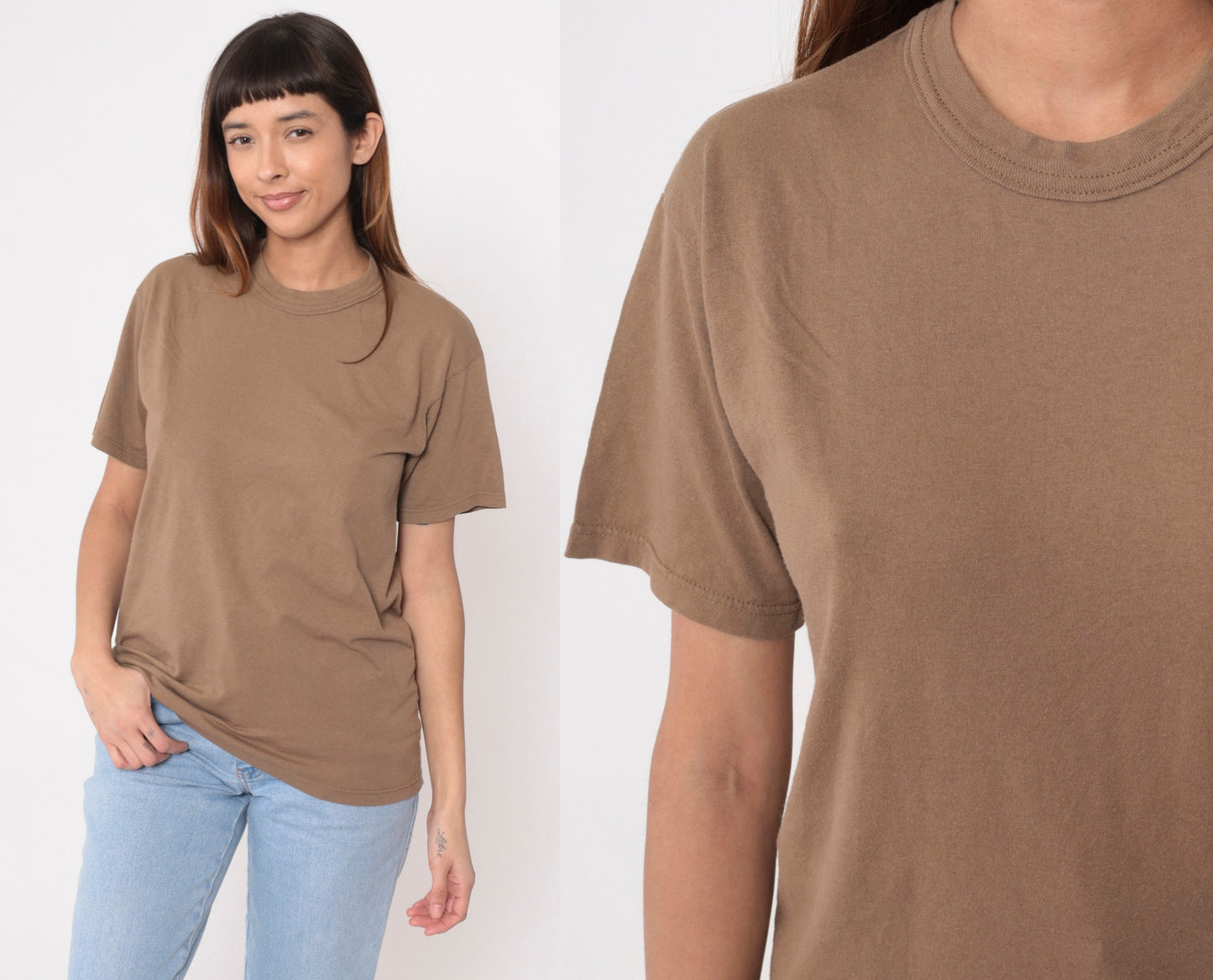 90s Plain Brown Cotton Crewneck T-Shirt Short Sleeve Medium
