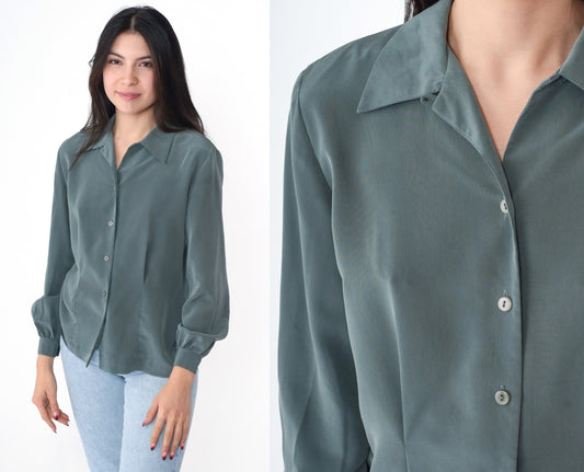 90s Liz Claiborne Grey Button-Up Blouse Long Sleeve Collared Shirt Extra Small XS