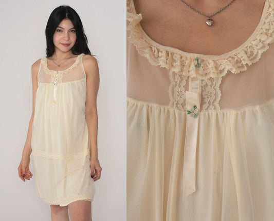 80s Pale Yellow Nylon Nightgown Lace Trim Rosette Embroidered Mini Small