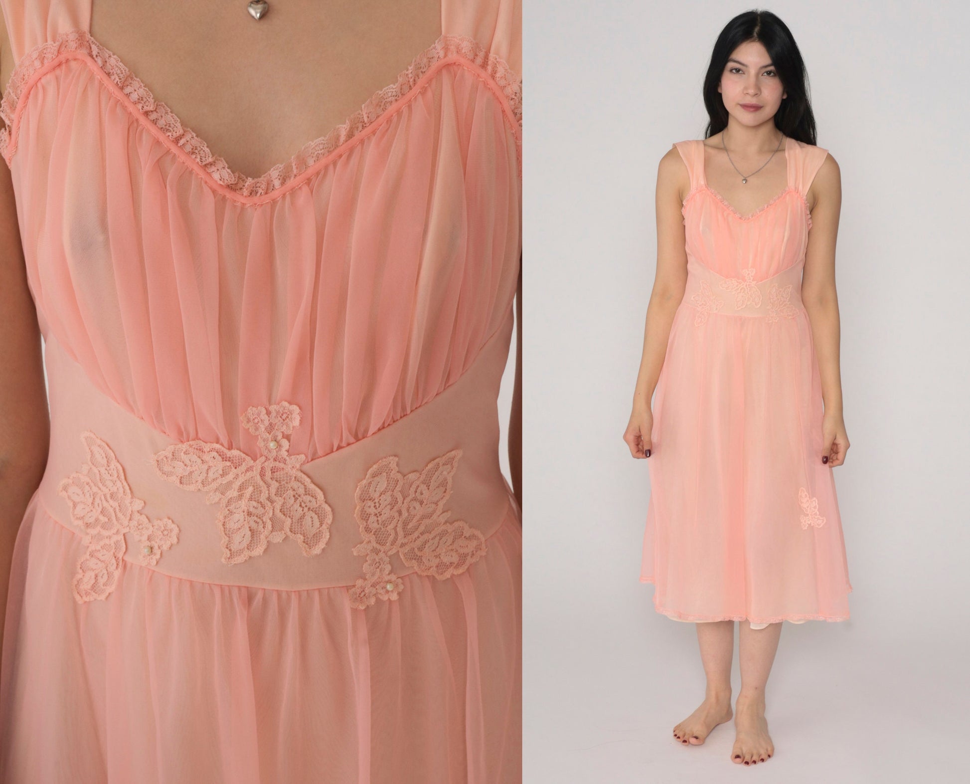 70s Gotham Gold Stripe Nightgown Pink Beaded Lace Applique Midi Small