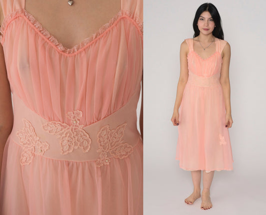 70s Gotham Gold Stripe Nightgown Pink Beaded Lace Applique Midi Small