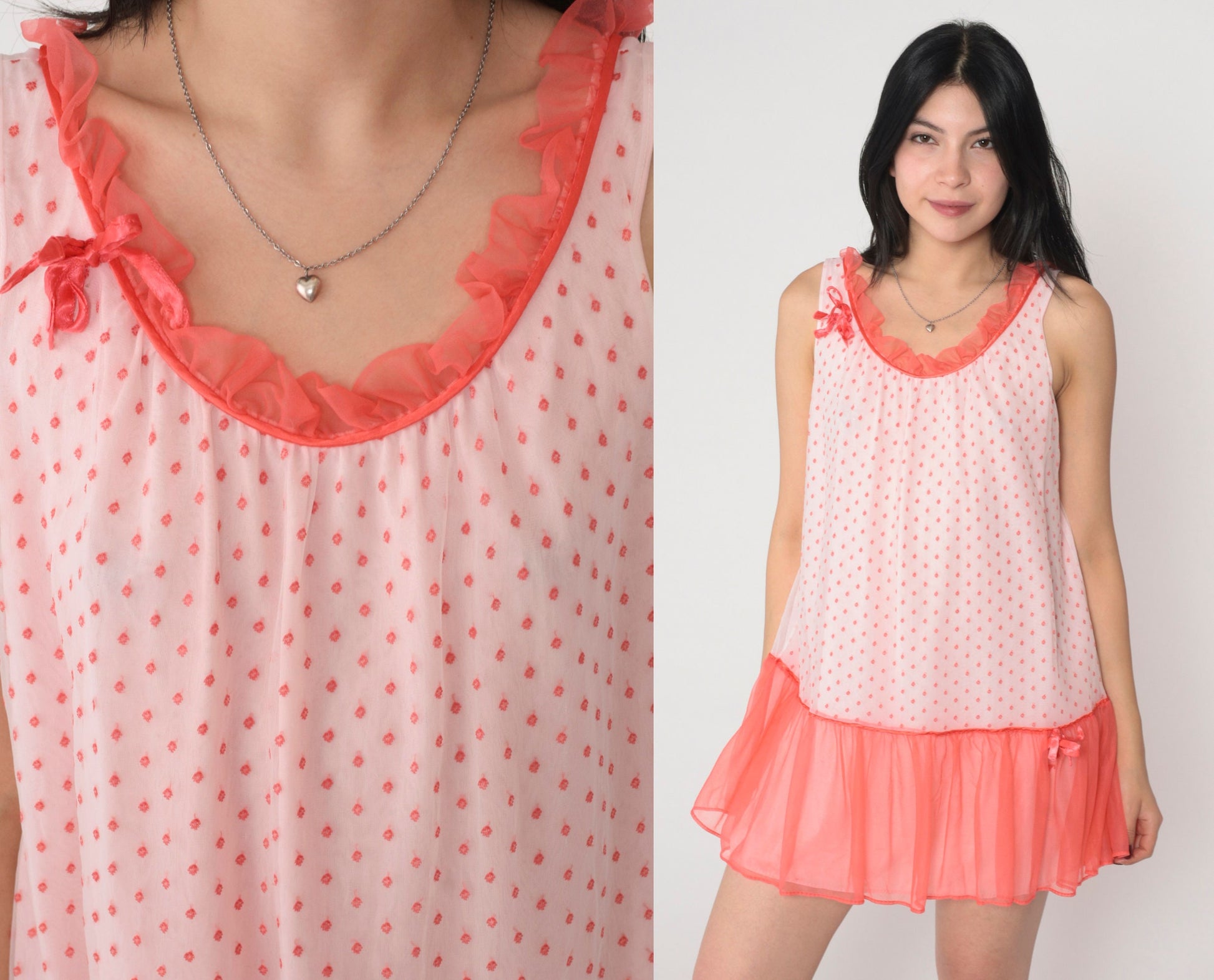 80s White Coral Polka Dot Nightgown Drop Waist Sleeveless Slip Dress Medium M