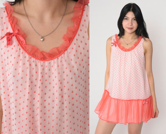 80s White Coral Polka Dot Nightgown Drop Waist Sleeveless Slip Dress Medium M