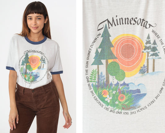 80s Minnesota Ringer Tee Graphic T-Shirt Where Lakes Touch Trees Medium
