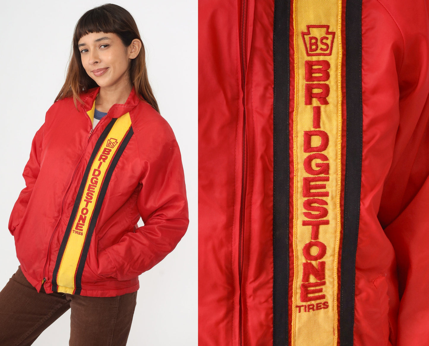 80s Bridgestone Tires Windbreaker Red Yellow Stripe Nylon Raglan Medium