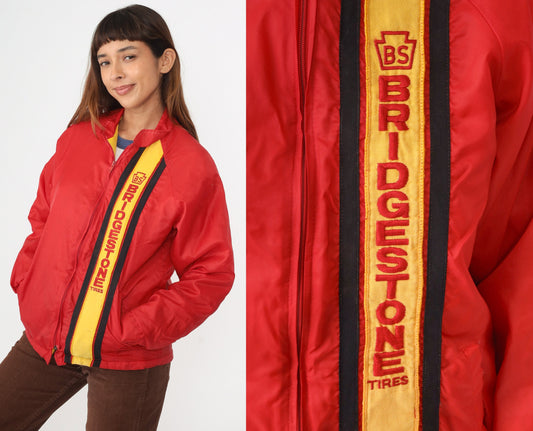 80s Bridgestone Tires Windbreaker Red Yellow Stripe Nylon Raglan Medium