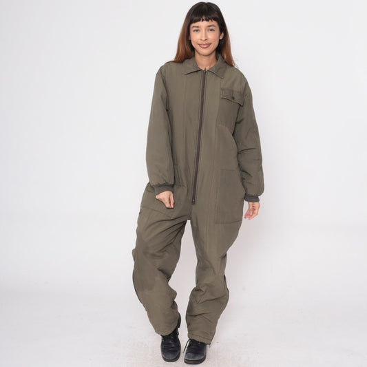 80s Snowmobile Coveralls Olive Green Insulated Jumpsuit Cargo Pockets Small
