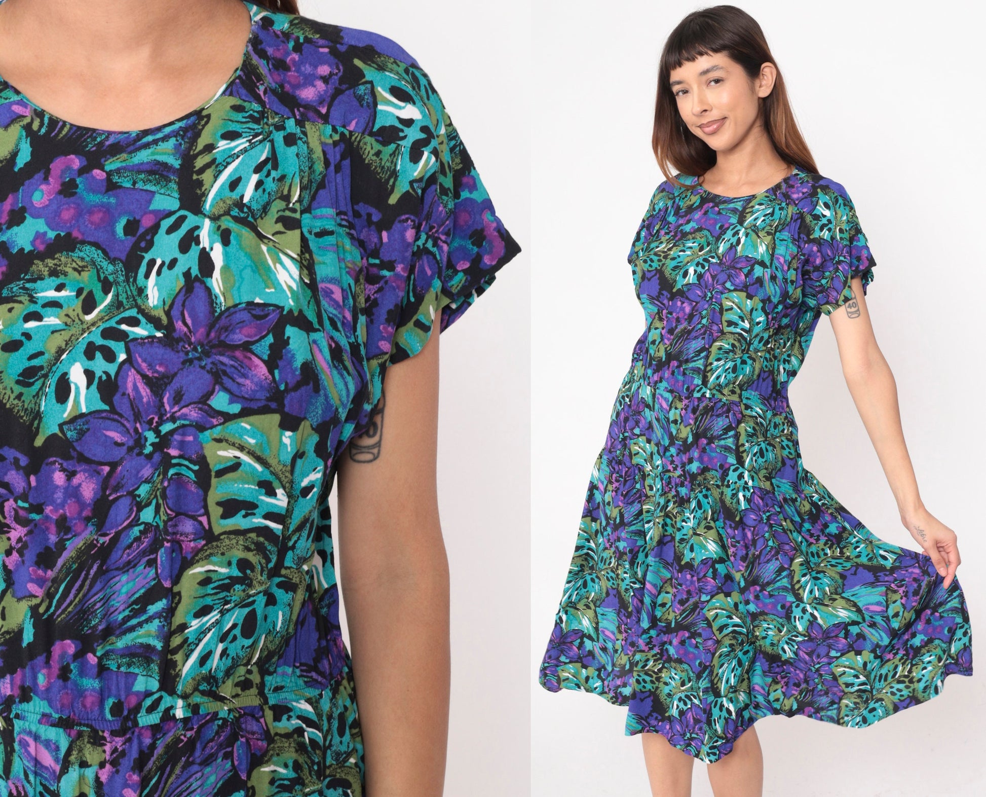 90s Tropical Floral Midi Dress Purple Teal Short Sleeve High Waist Large 12