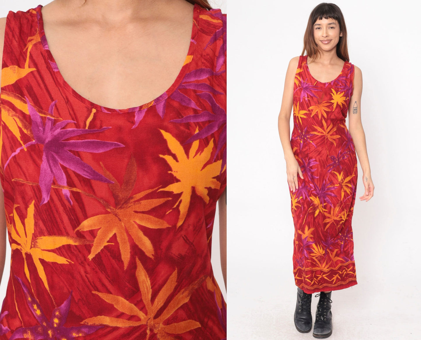 90s Red Tropical Leaf Print Maxi Dress Sleeveless Scoop Neck Medium M