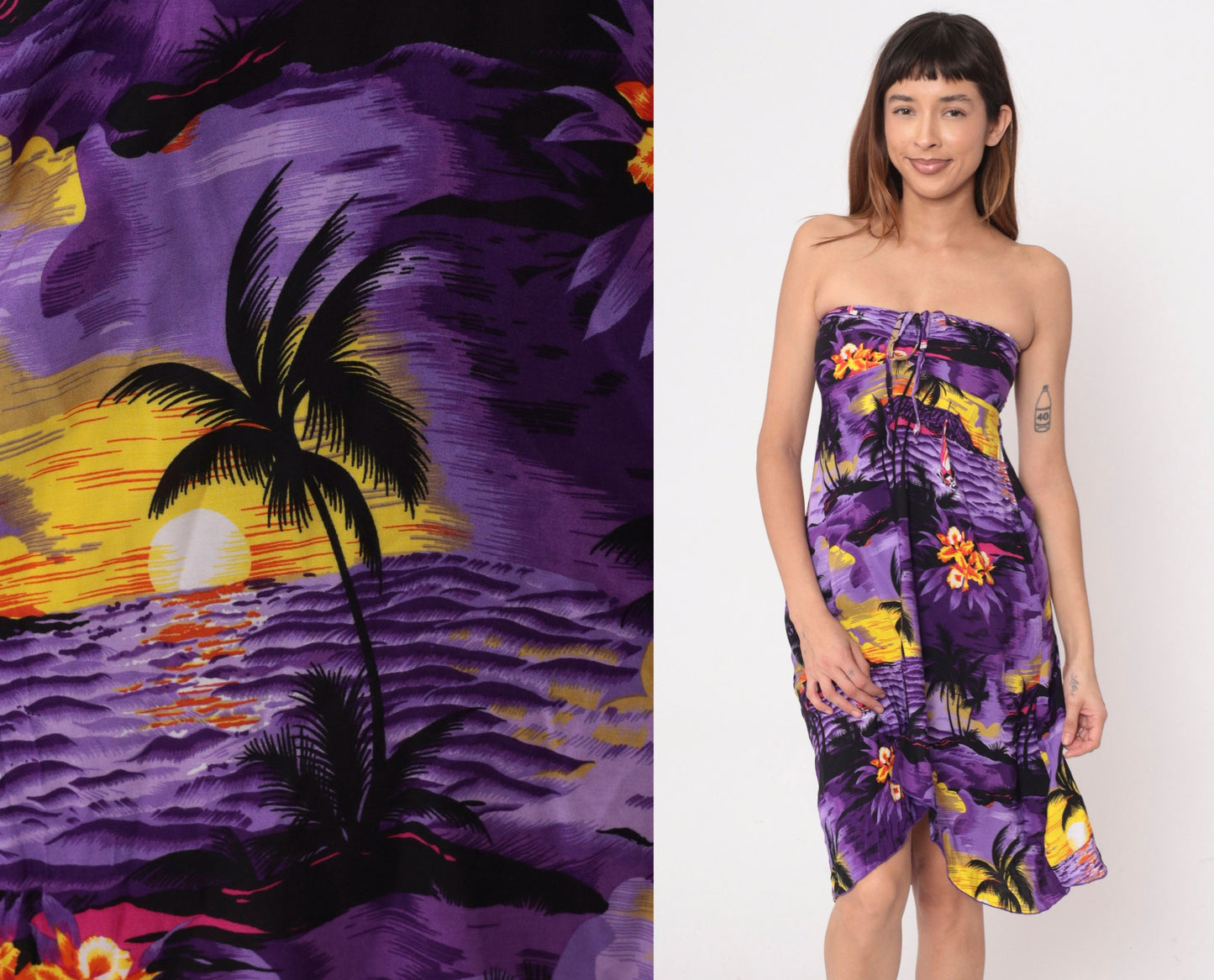 00s Purple Strapless Sundress Sailboat Palm Tree Print Empire Waist High Low Extra Small