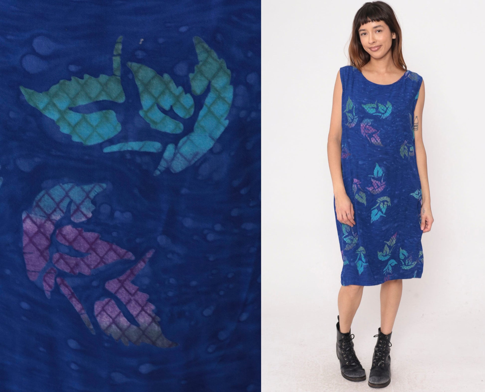 Y2K Blue Tropical Leaf Print Midi Shift Dress Sleeveless Extra Large XXL