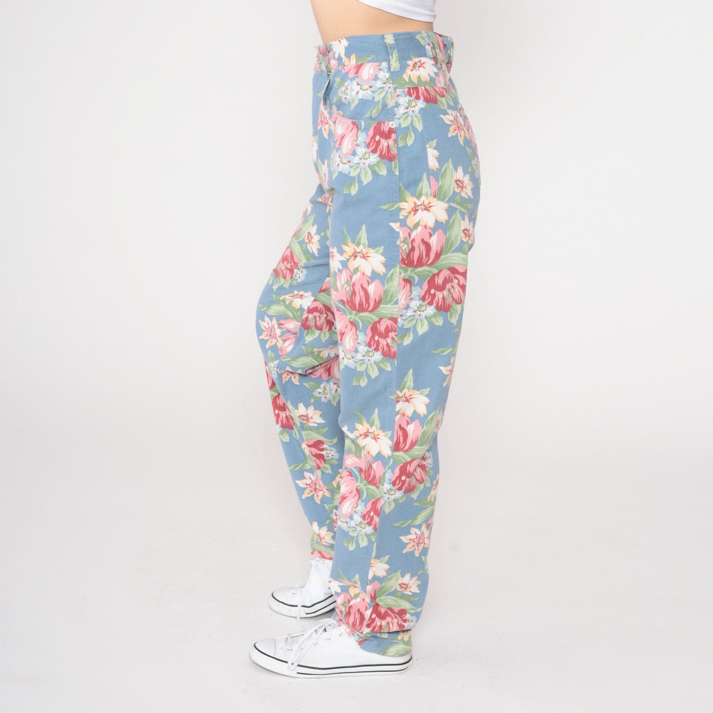 90s Blue Floral High-Waisted Straight Tapered Trousers Extra Small