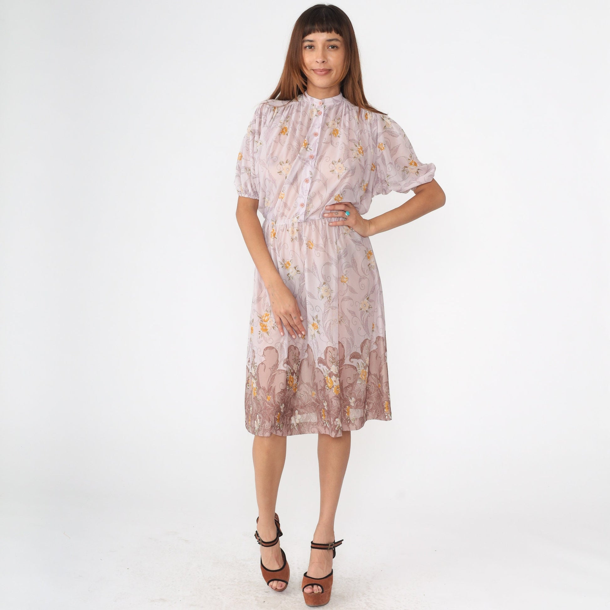 70s Lavender Floral Midi Dress High Waist Puff Sleeve Button Up Small