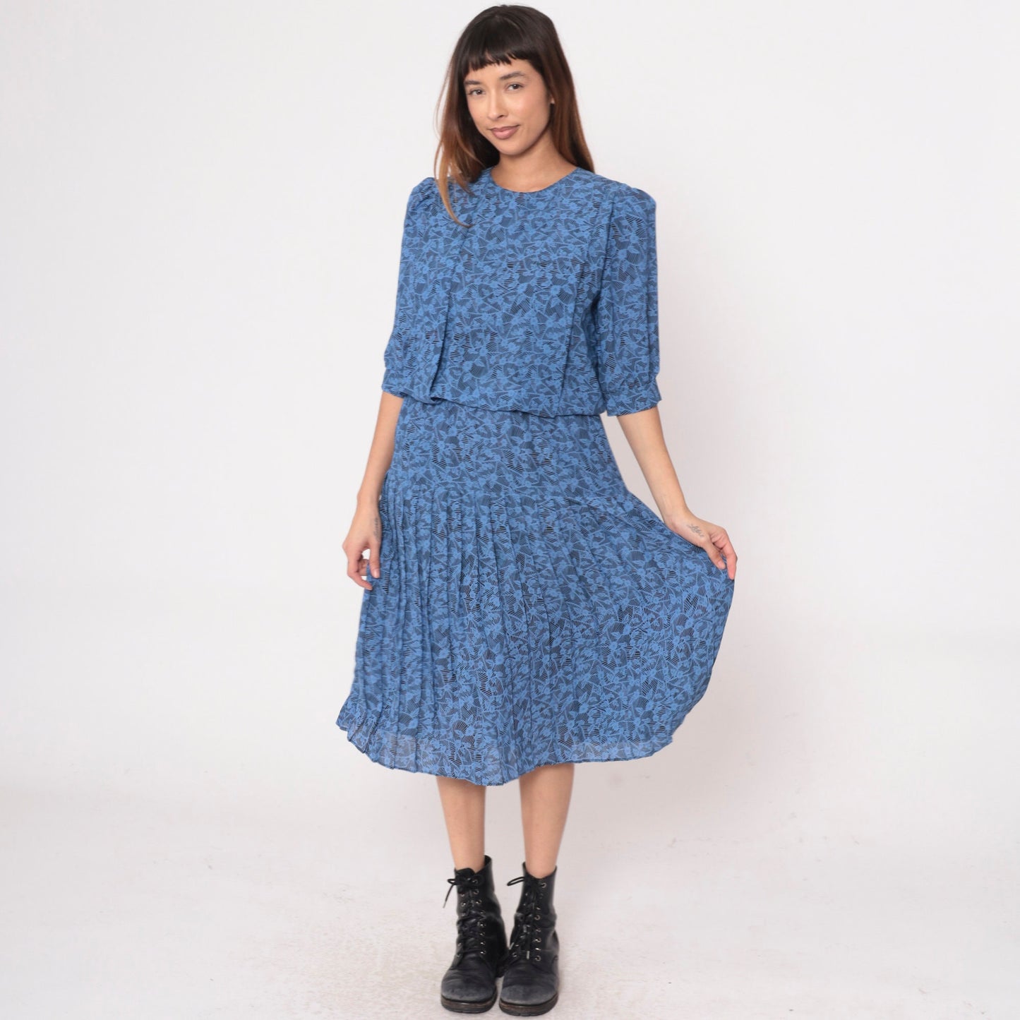 80s Blue Floral Midi Dress Puff Sleeve Pleated High Waist Medium