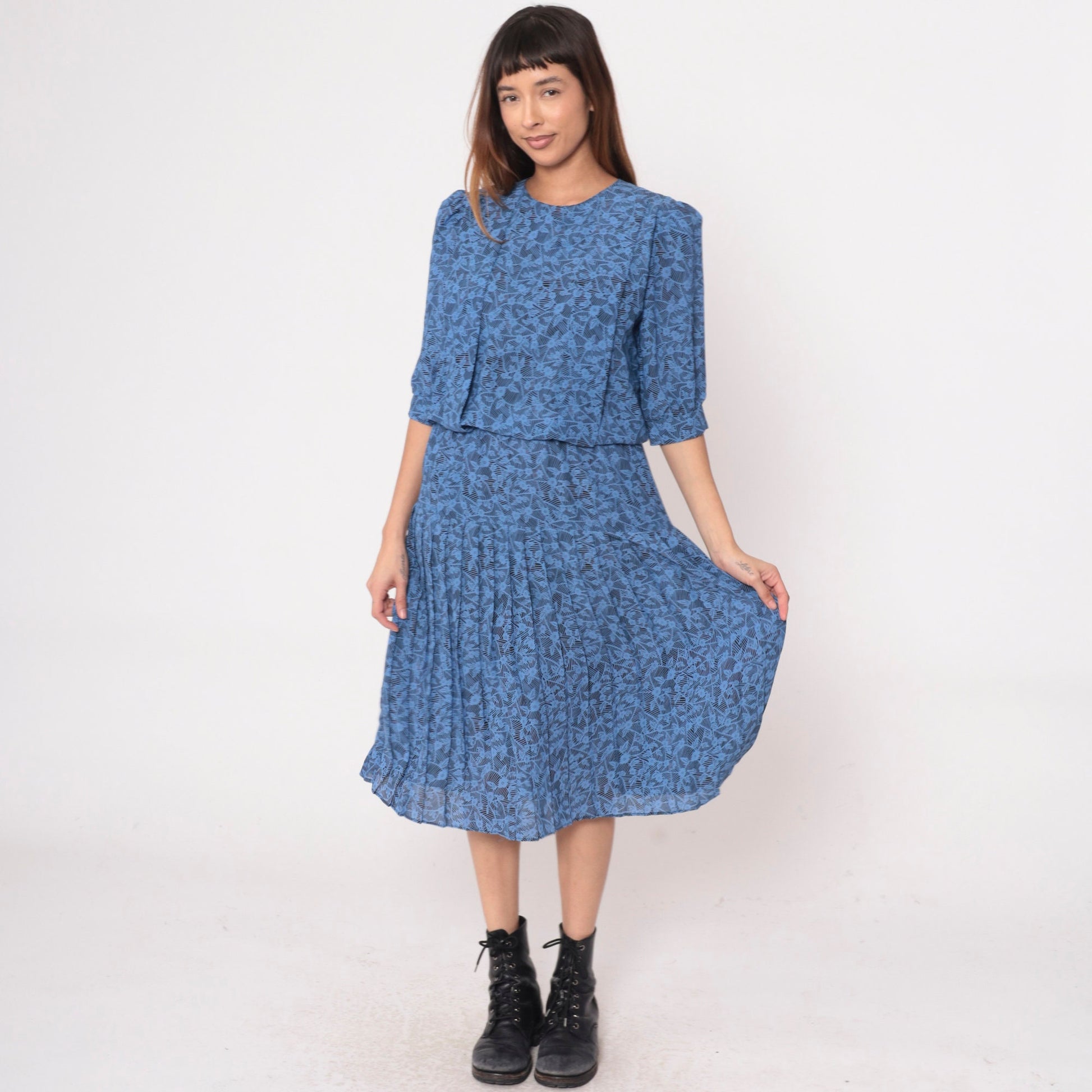80s Blue Floral Midi Dress Puff Sleeve Pleated High Waist Medium