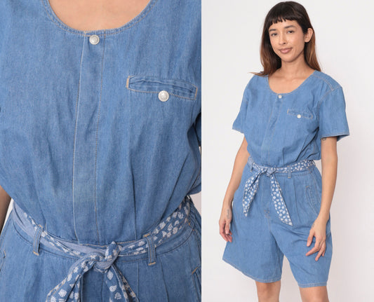 90s Gloria Vanderbilt Denim Romper Blue Jean Button-Up Playsuit Small