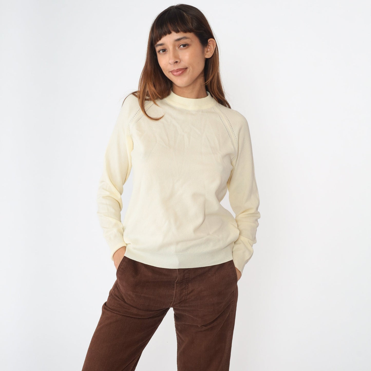70s Cream Knit Raglan Sweater Rear Zipper Pullover Small Medium