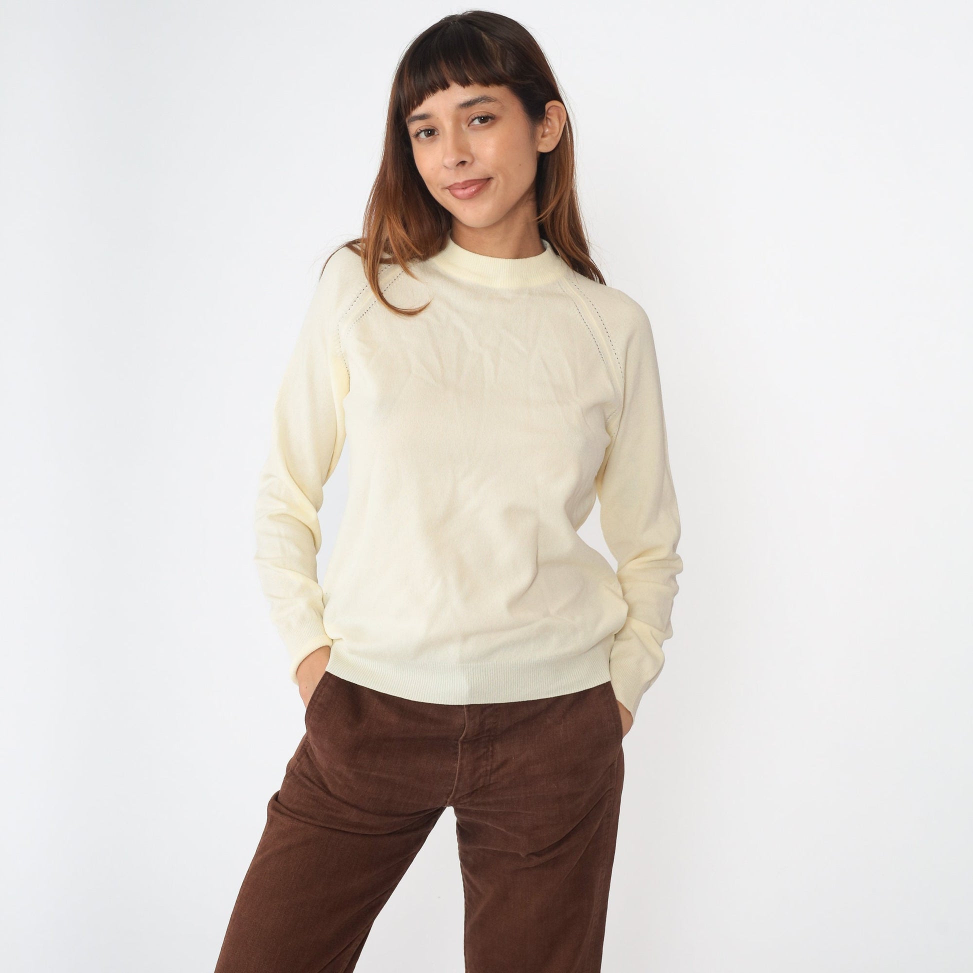 70s Cream Knit Raglan Sweater Rear Zipper Pullover Small Medium