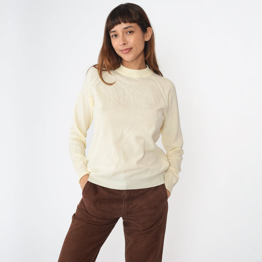 70s Cream Knit Raglan Sweater Rear Zipper Pullover Small Medium