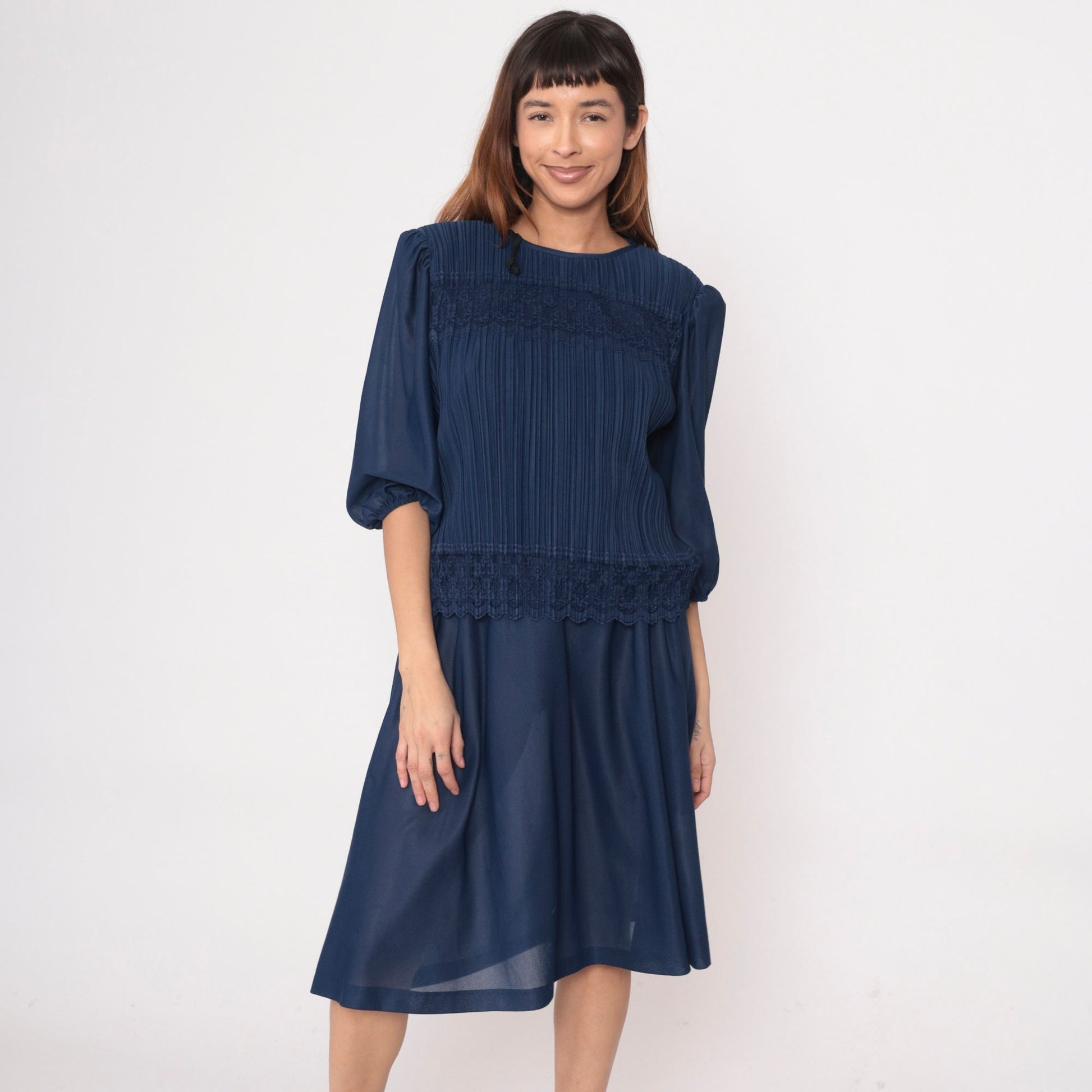 80s Dark Blue Pleated Midi Dress Puff Sleeve Lace Trim Drop Waist Medium
