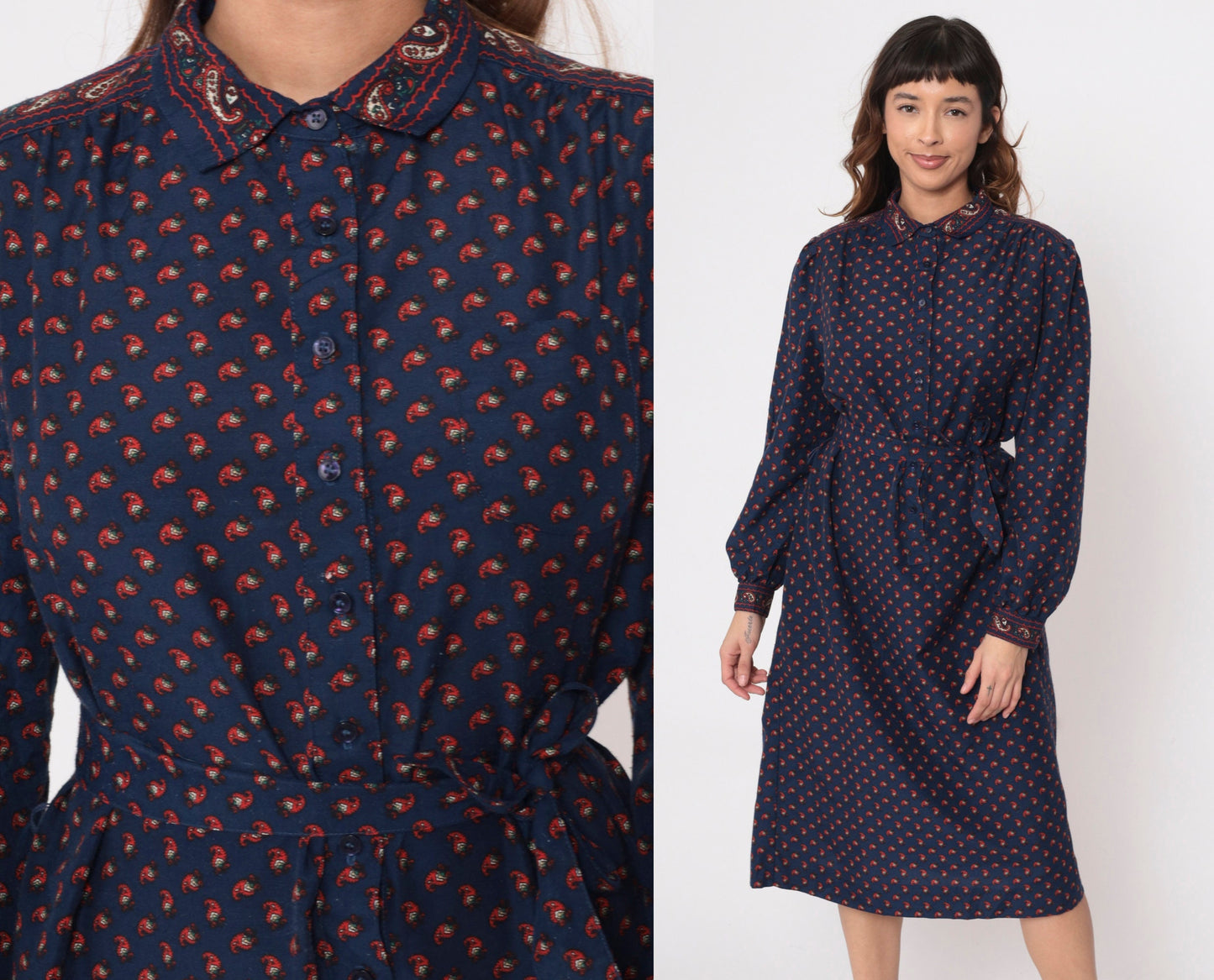 80s Dark Blue Paisley Midi Shirtdress Button-Up Long Sleeve Red Print Large