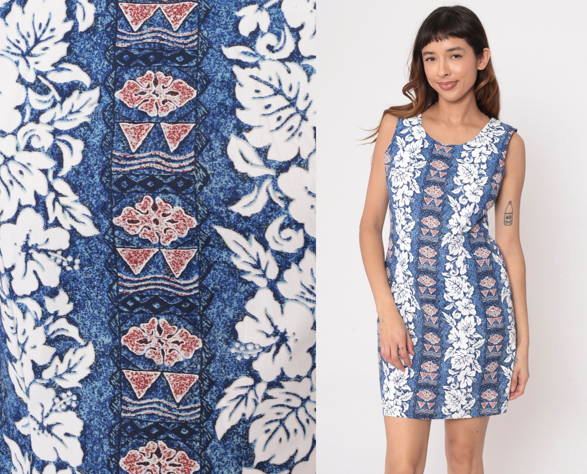 90s Hawaiian Floral Mini Dress Blue Cotton Sleeveless Sheath Medium