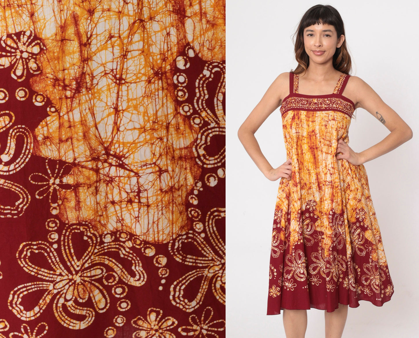 00s Batik Floral Sundress Tropical Print Tank Mini Yellow Red Small S
