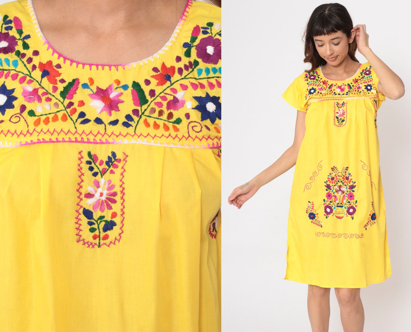 90s Mexican Yellow Cotton Midi Dress Floral Embroidered Short Sleeve Extra Small