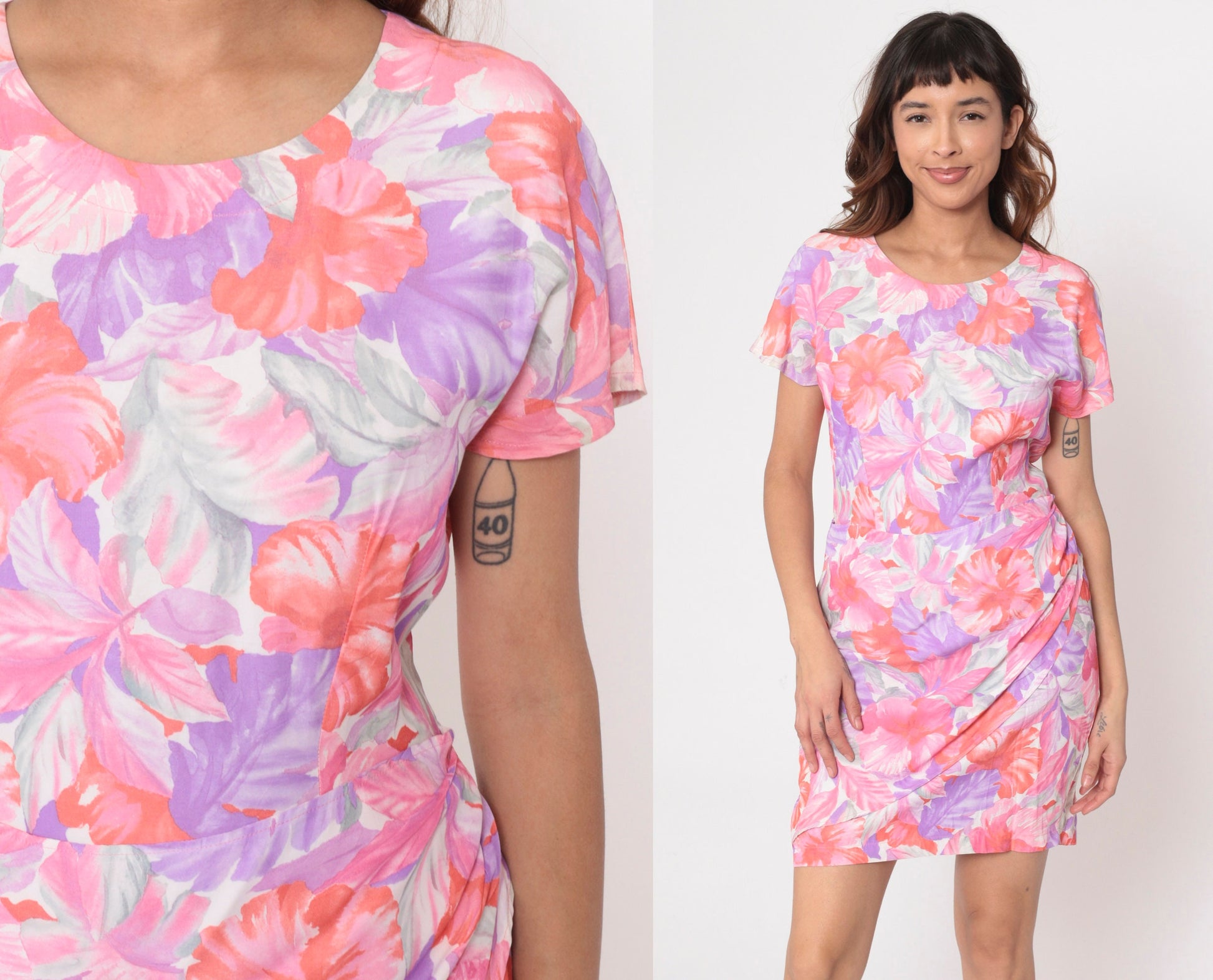80s Tropical Floral Mini Wrap Dress Purple Orange Short Sleeve Small